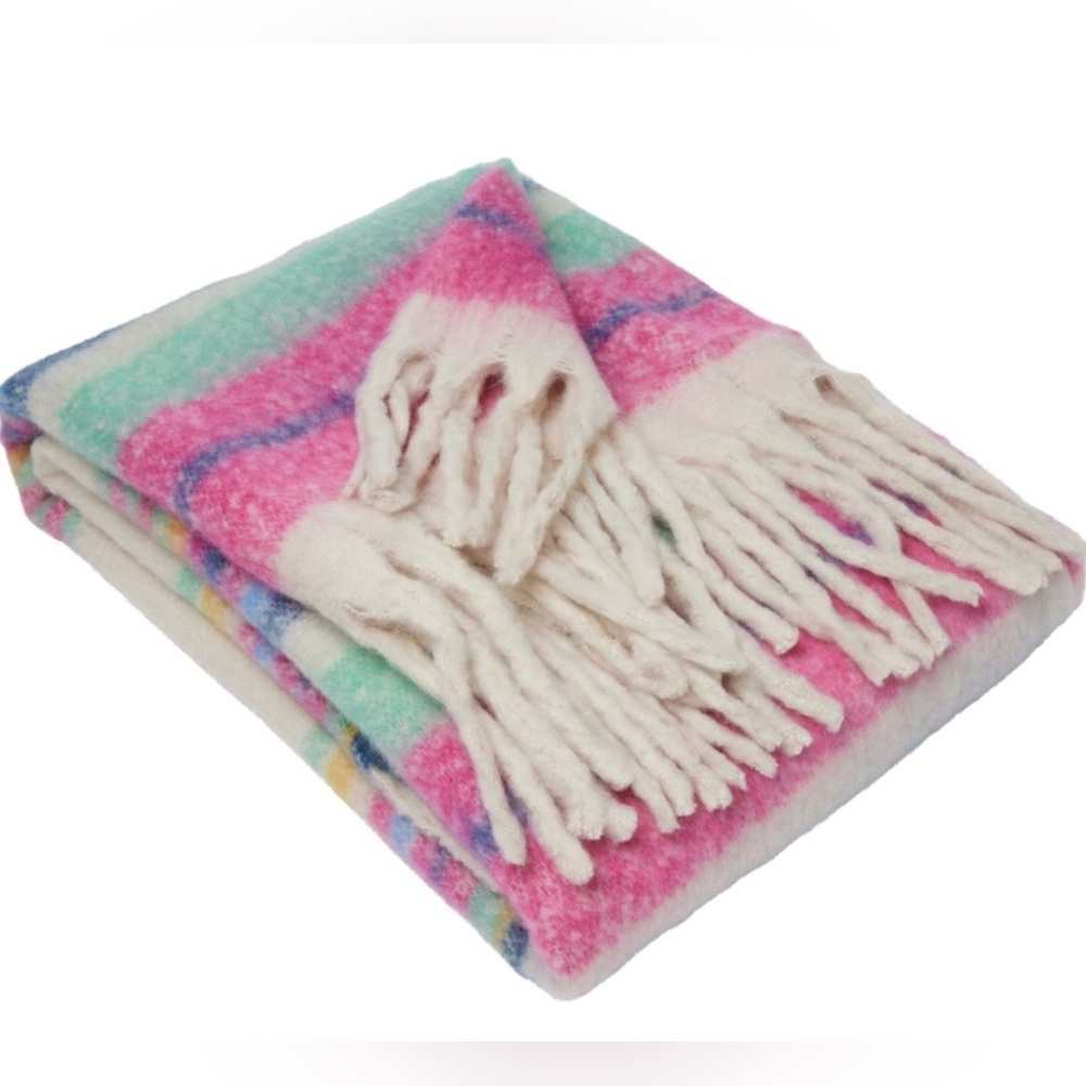 NWT Free People Fringe Throw Blanket 60x51 in Skye Stripe Ivory New $78 retail - Picture 5 of 8